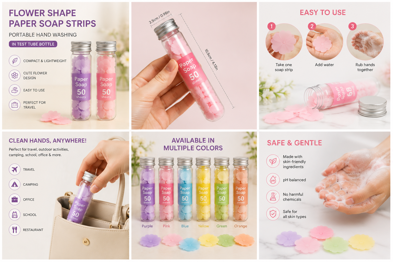 Portable Hand Washing Bath Flower Shape Paper Soap Strips in Test Tube Bottle