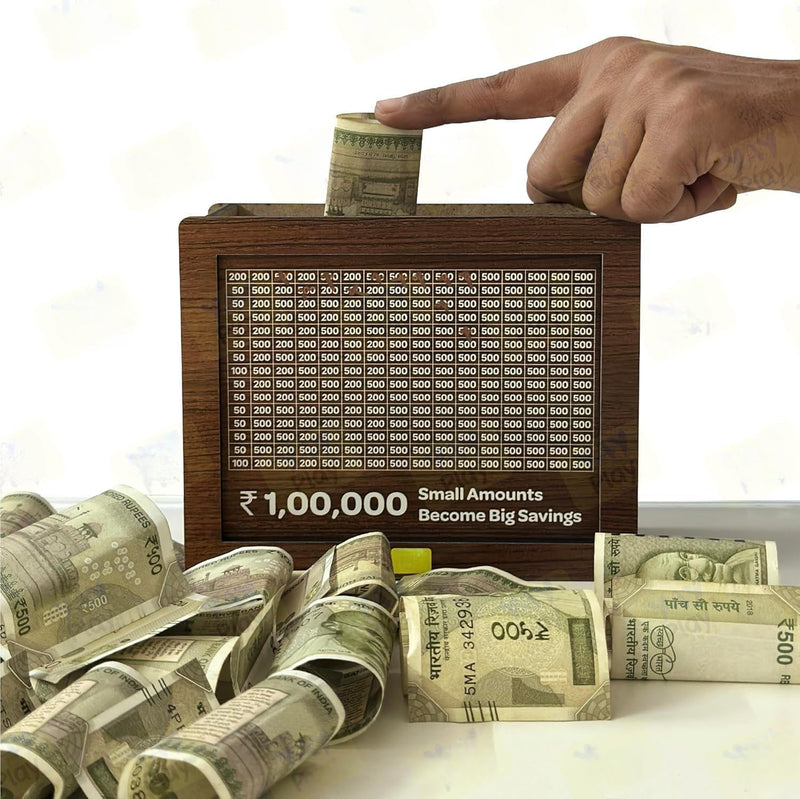 Wooden Money Piggy Bank, Money Saving Box, Gullak Rs.10000 Goal Tracker